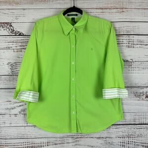 Womens Lauren Ralph Lauren Green Classic 3/4 Sleeve Button Up Top Stripe Cuff L